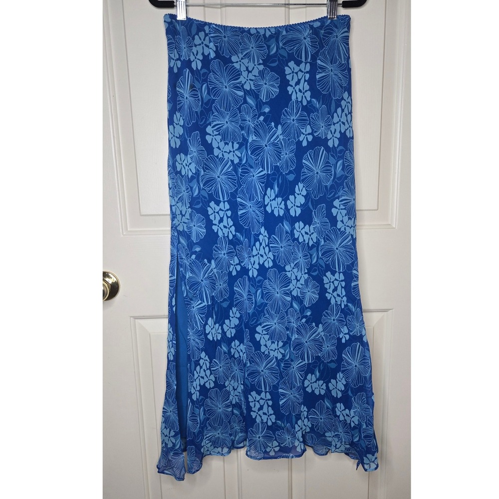Express Blue Floral 100% Silk Bias Maxi Skirt Side Slit Lined Size Small